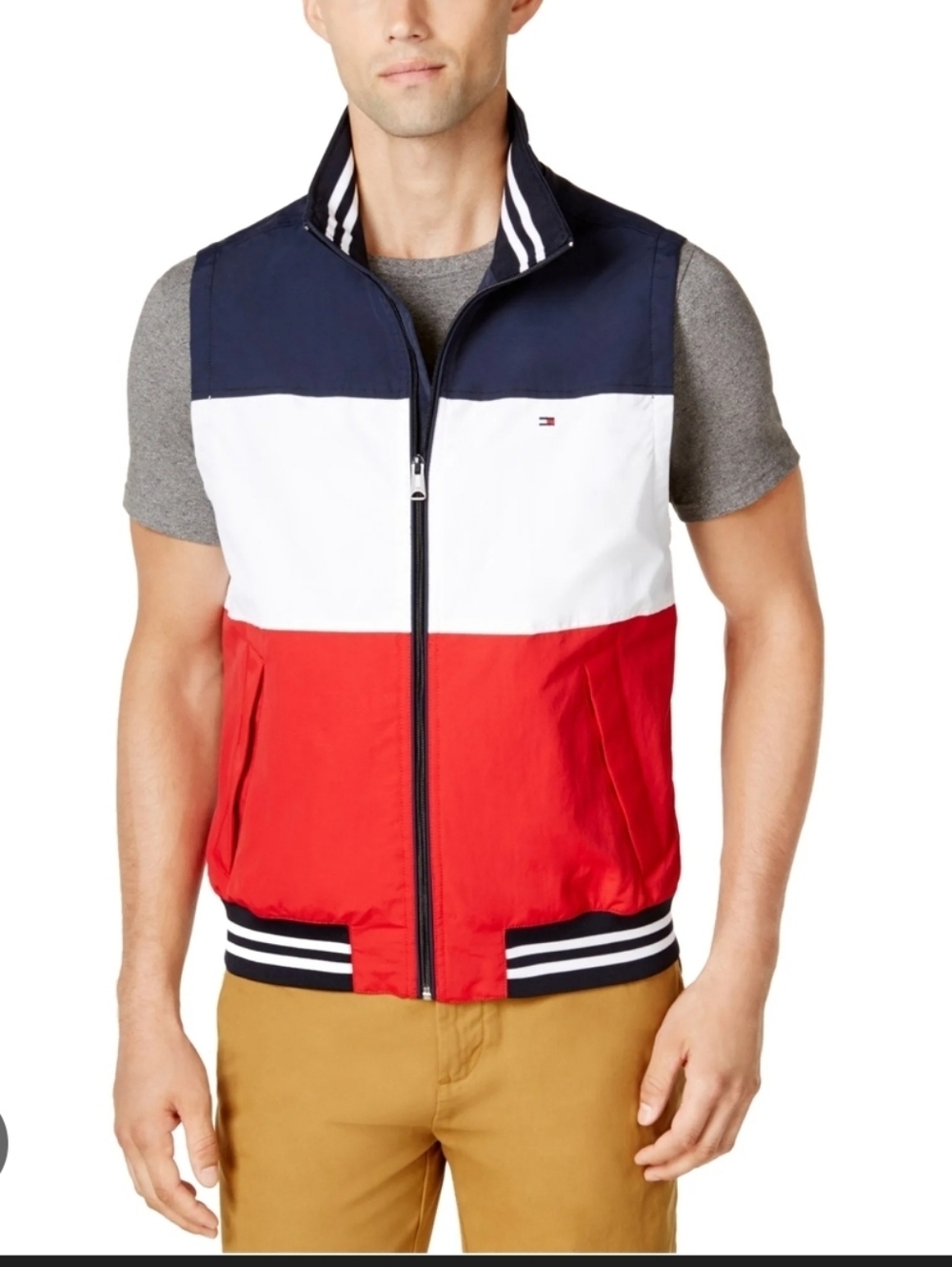 Tommy Hilfiger Men's Navy White Red Colorblock Zip Vest